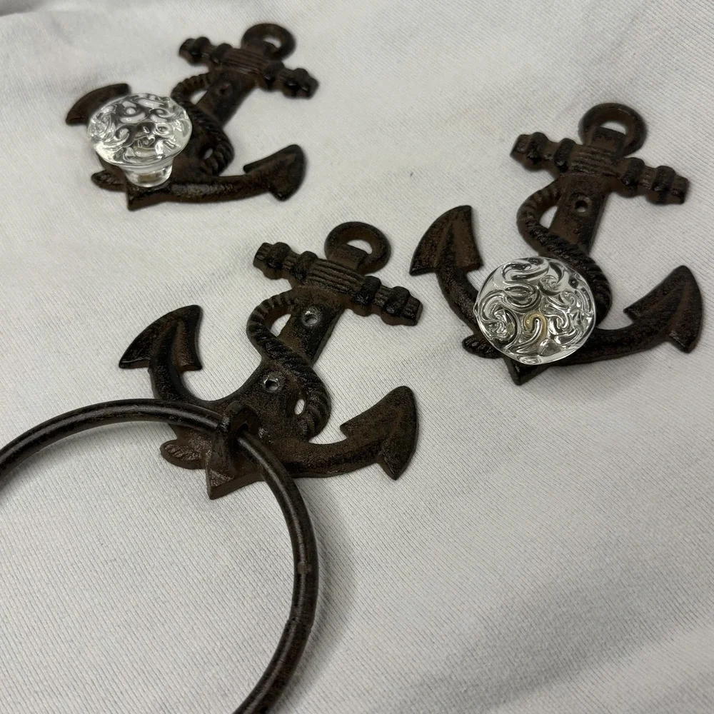 Cast Iron Anchor Hangers Towel Ring 3pc Rustic Nautical Coastal Decorative Knobs
